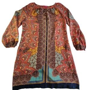 ROBERT GRAHAM Silk Sheath Tunic Dress Womens 14 Multicolor Paisley Boho